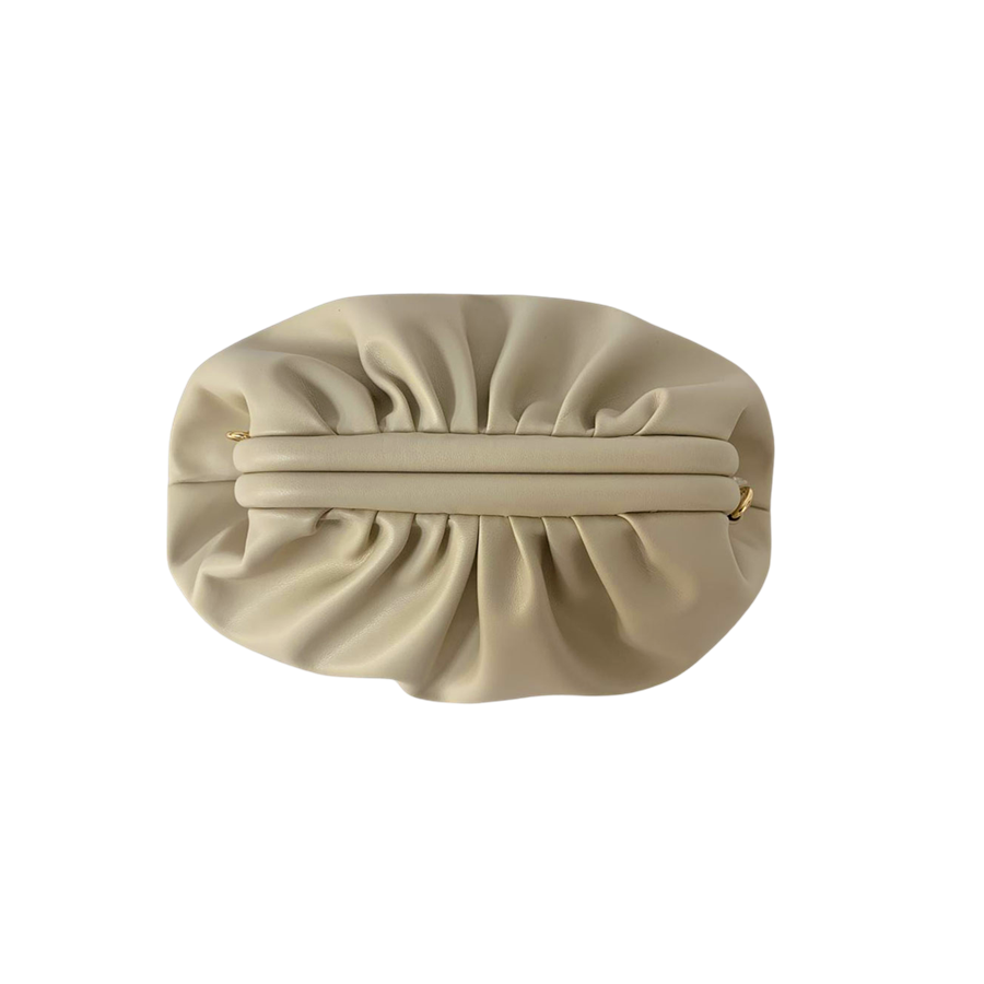 Beige ladies clutch bag with pleats and framed closure