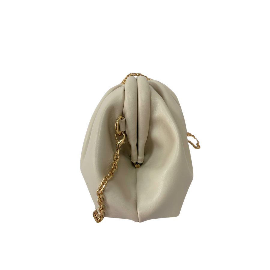 Beige ladies clutch bag with pleats and framed closure