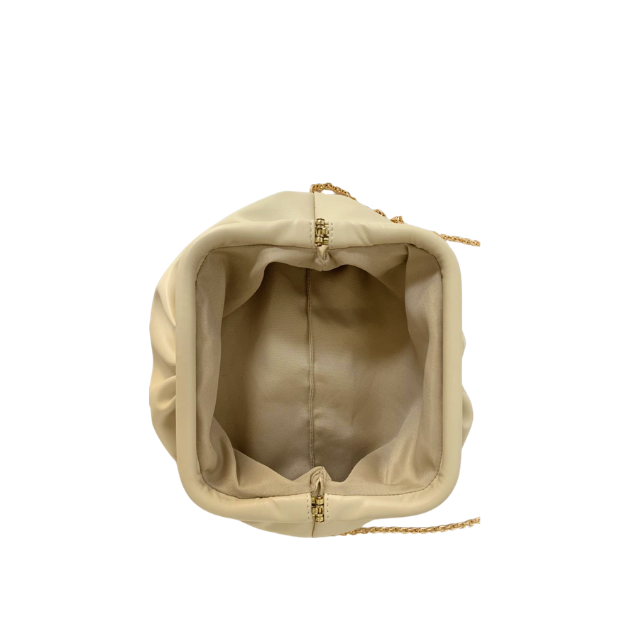 Beige ladies clutch bag with pleats and framed closure