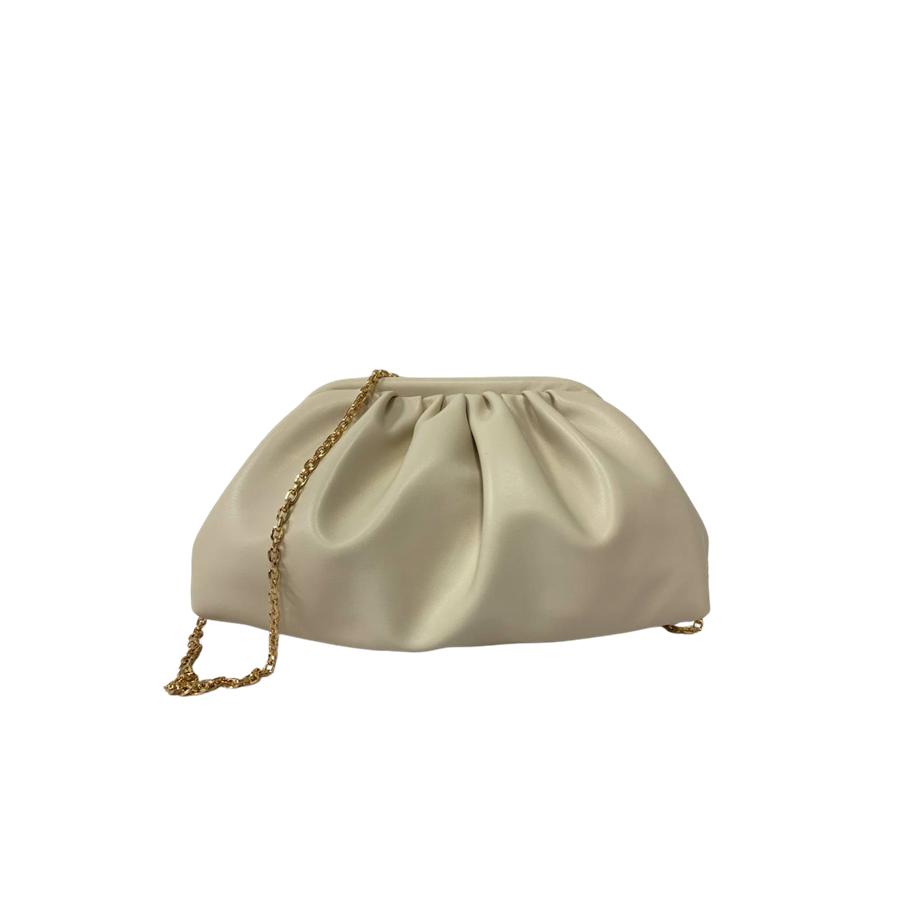 Beige ladies clutch bag with pleats and framed closure