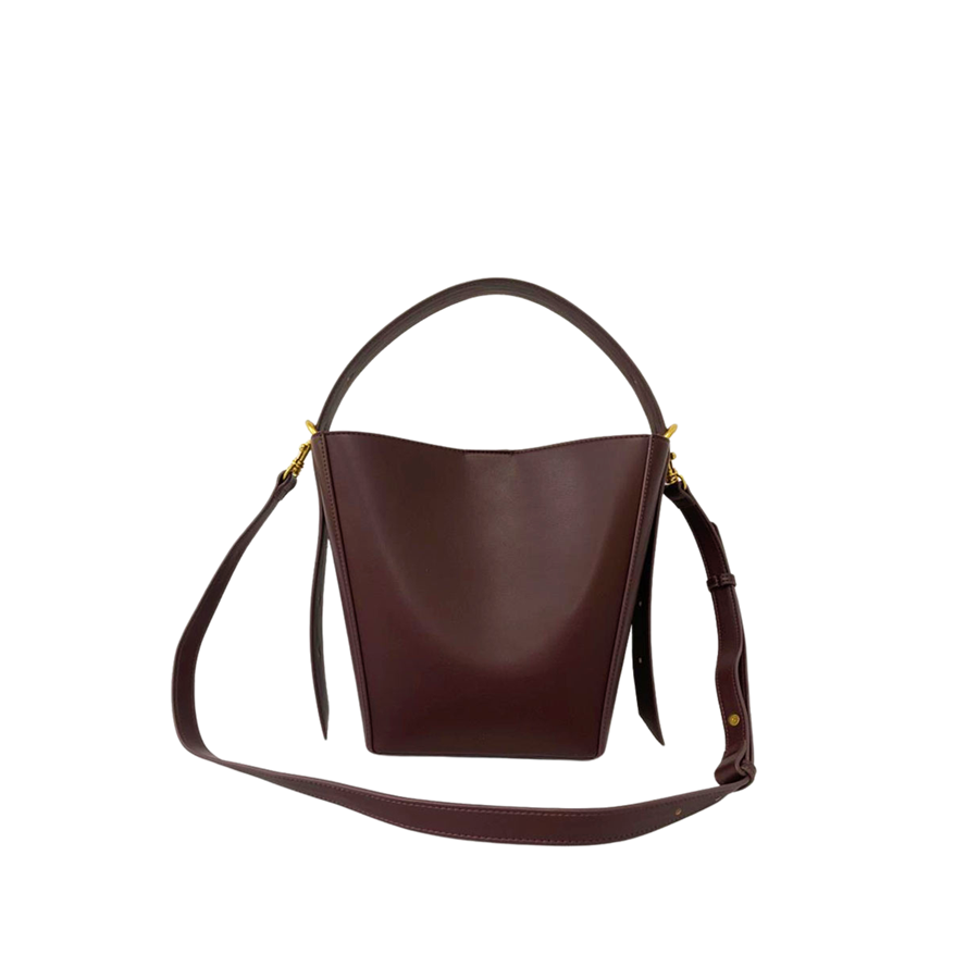 Burgundy ladies bucket bag with adjustable handle and inner pouch bag