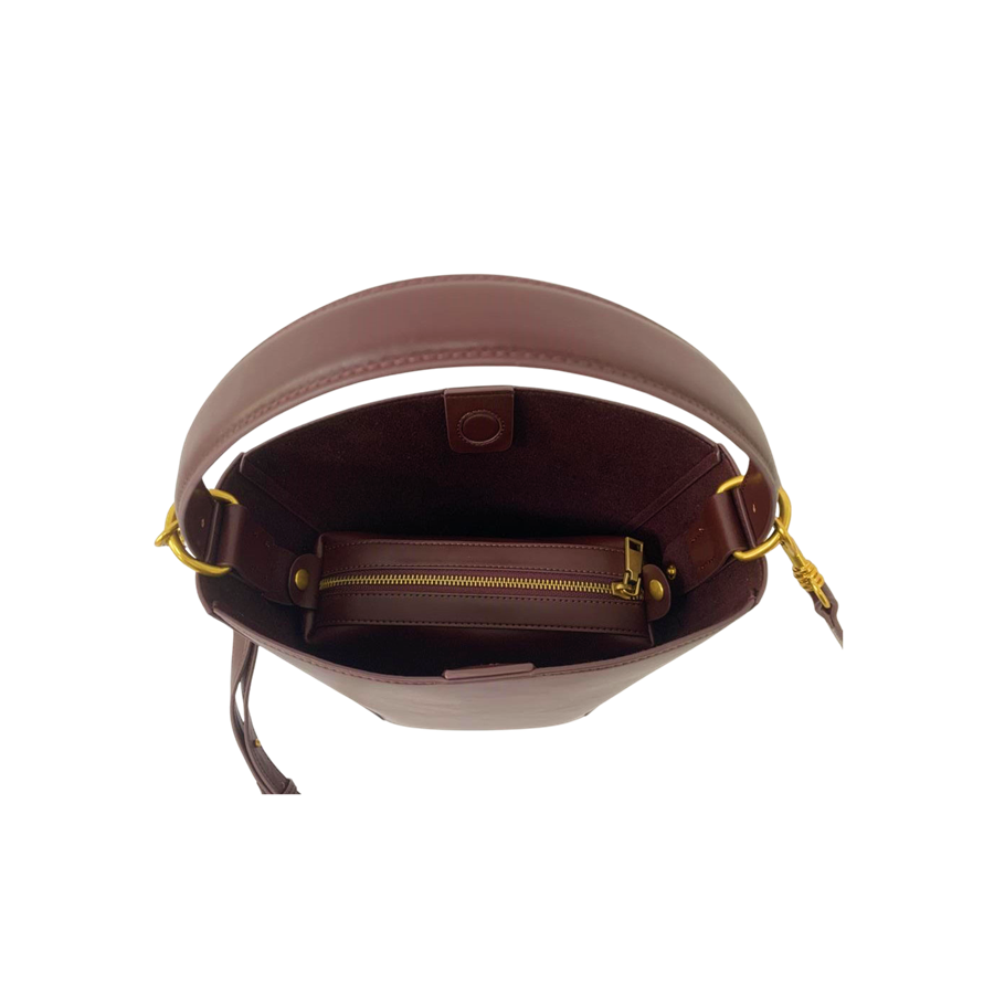 Burgundy ladies bucket bag with adjustable handle and inner pouch bag