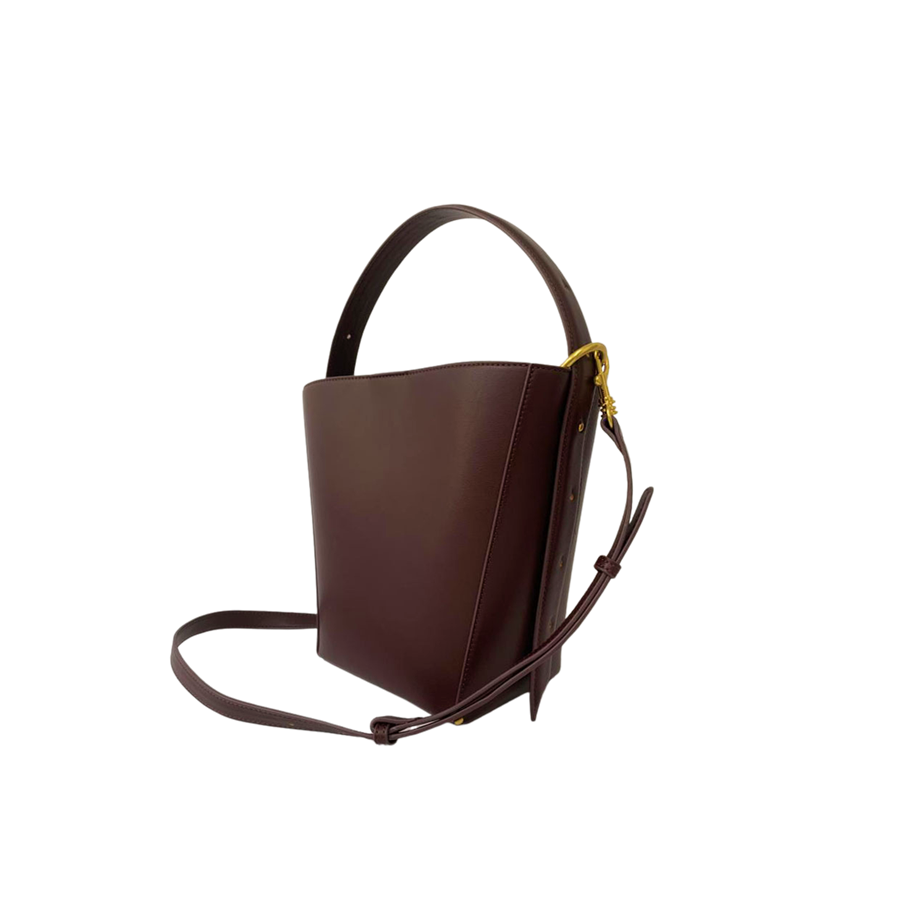 Burgundy ladies bucket bag with adjustable handle and inner pouch bag