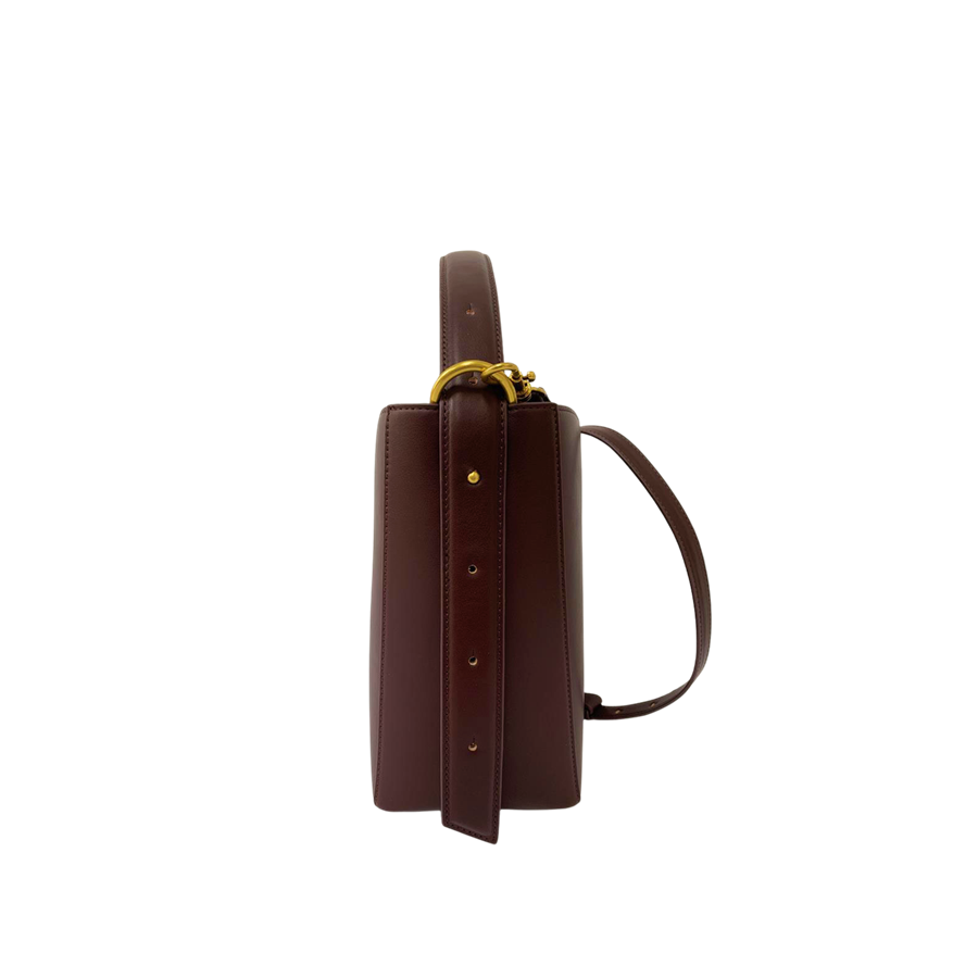 Burgundy ladies bucket bag with adjustable handle and inner pouch bag