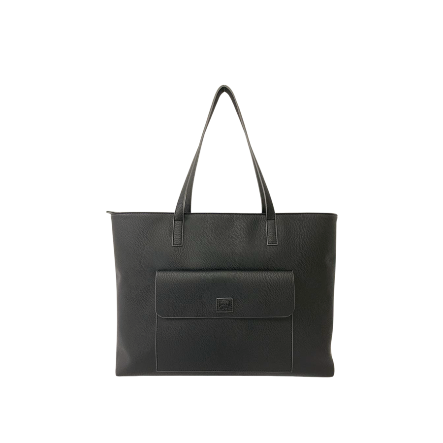 Black pebble PU ladies tote bag with front open pocket and contrast edge painting