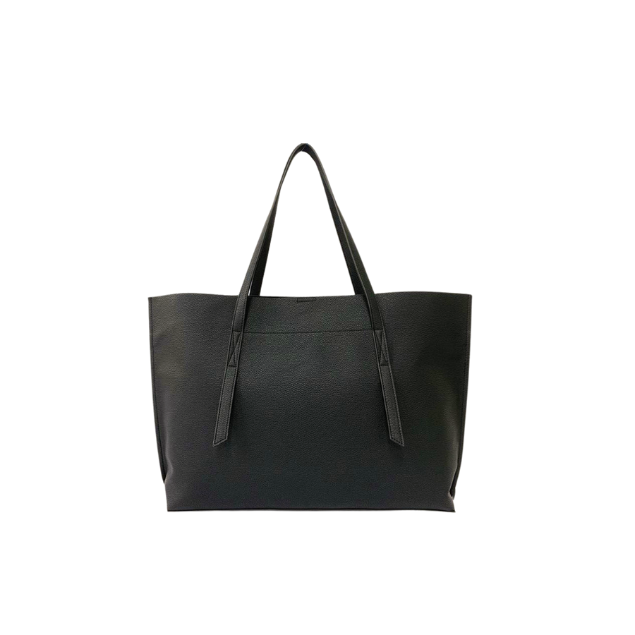 Black pebble PU ladies tote bag with decorative stitching and magnetic snap closure