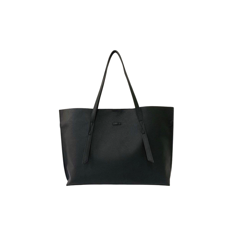 Black pebble PU ladies tote bag with decorative stitching and magnetic snap closure