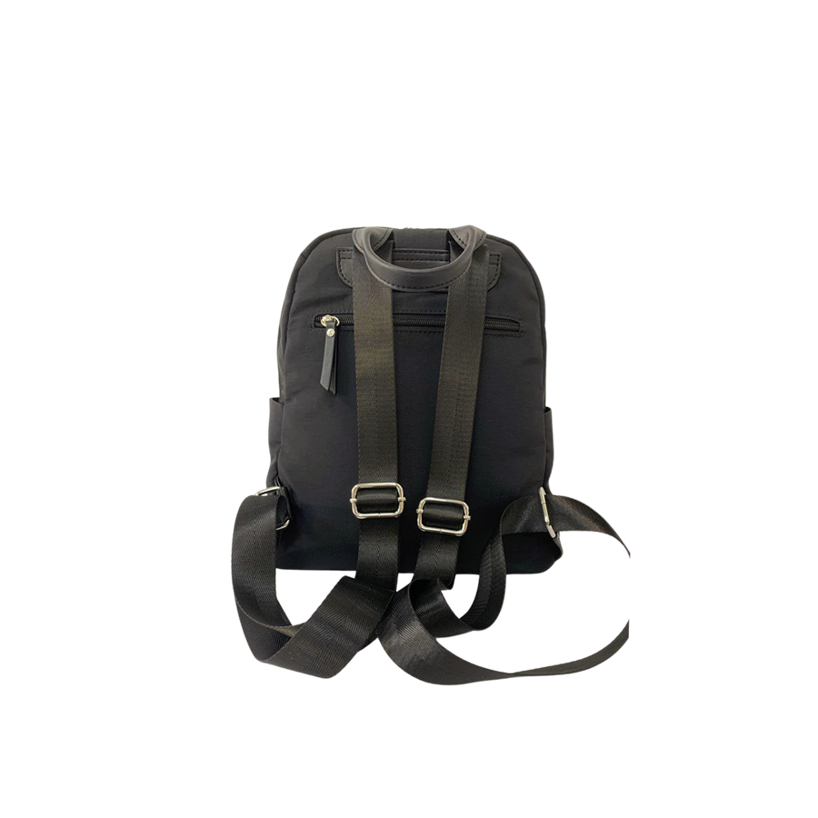 Black ladies backpack with decorative pleats and black trim PU