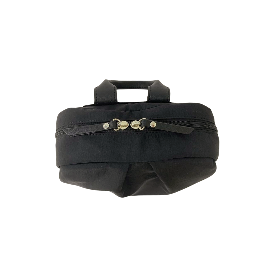 Black ladies backpack with decorative pleats and black trim PU