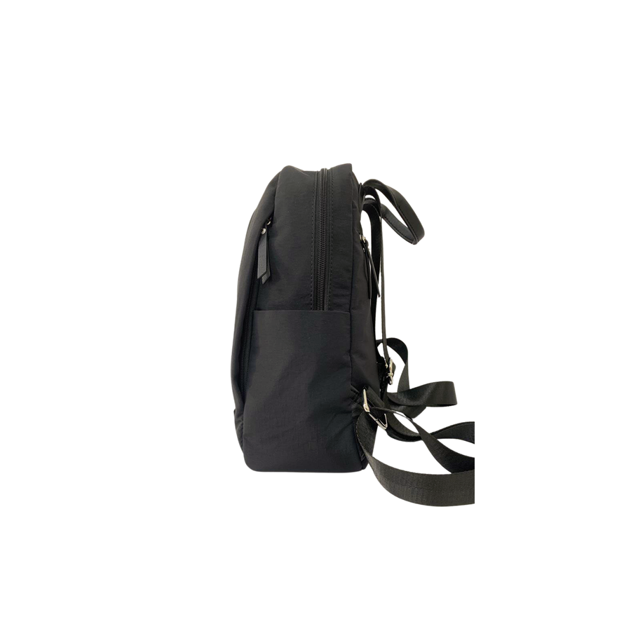 Black ladies backpack with decorative pleats and black trim PU