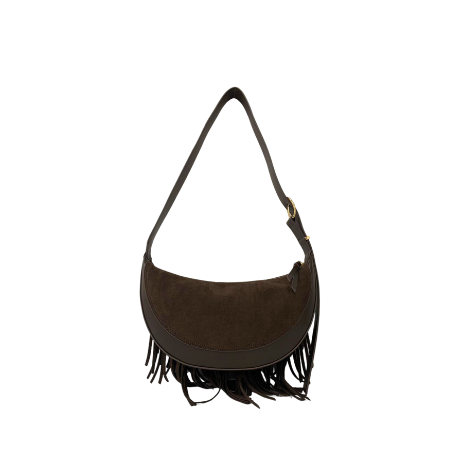 Brown ladies crossbody bag with adjustable handle and decorative tassels
