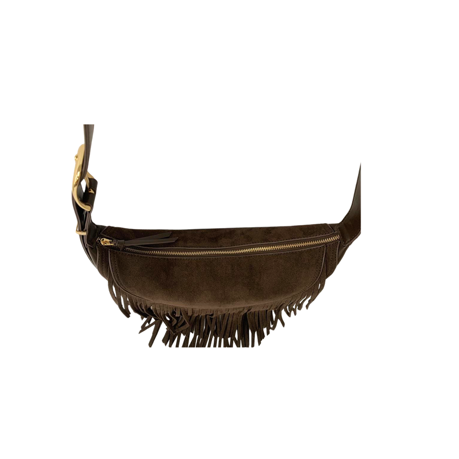 Brown ladies crossbody bag with adjustable handle and decorative tassels