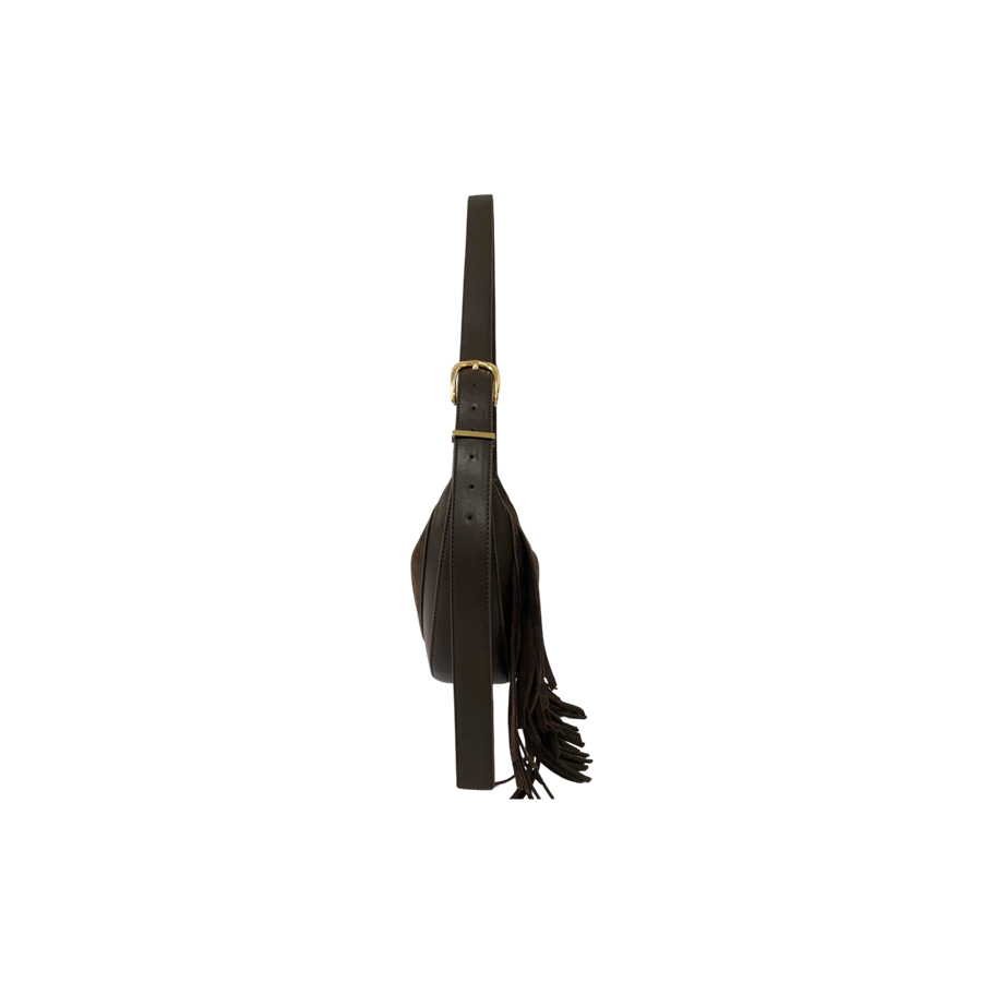 Brown ladies crossbody bag with adjustable handle and decorative tassels