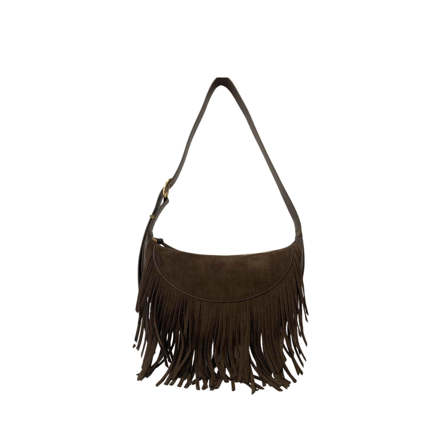 Brown ladies crossbody bag with adjustable handle and decorative tassels