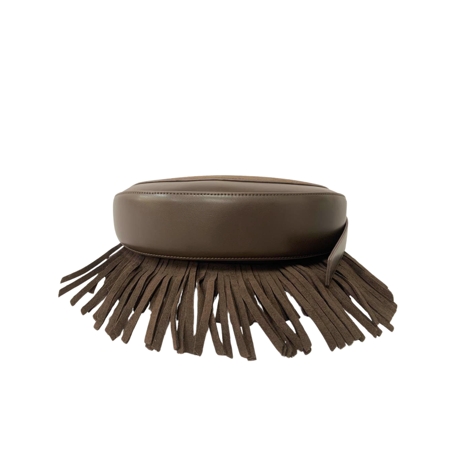 Brown ladies crossbody bag with adjustable handle and decorative tassels