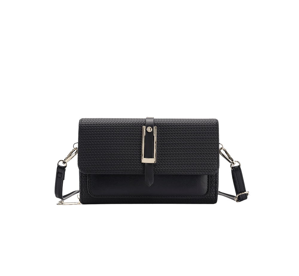 Black weave PU ladies crossbody bag with buckle on the flap and front open pocket