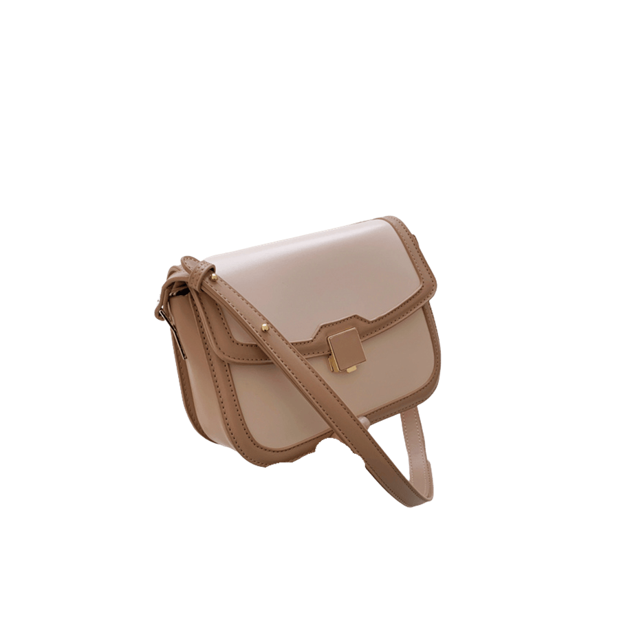Beige ladies handbag with enemal lock closure and brown trim PU