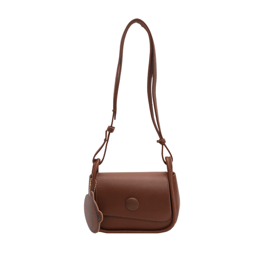 Brown ladies crossbody bag with bear PU hangtag and decorative snap