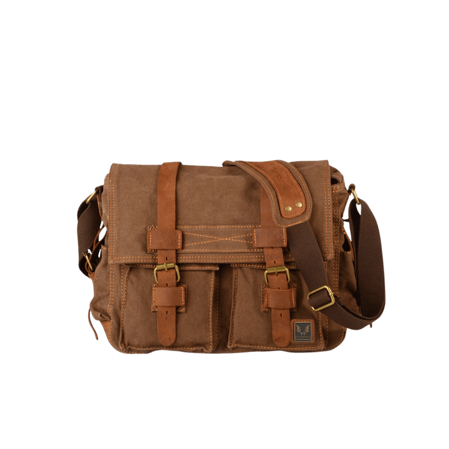 Khaki men's crossbody bag with front pockets and flap