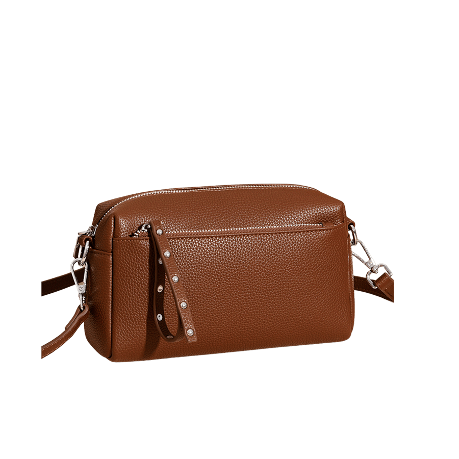 Brown pebble PU ladies crossboy bag sets with detachable wrist bag and decorative studs on the zip puller