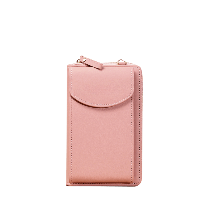 Pink cellphone bag with shoulder strap and wallet
