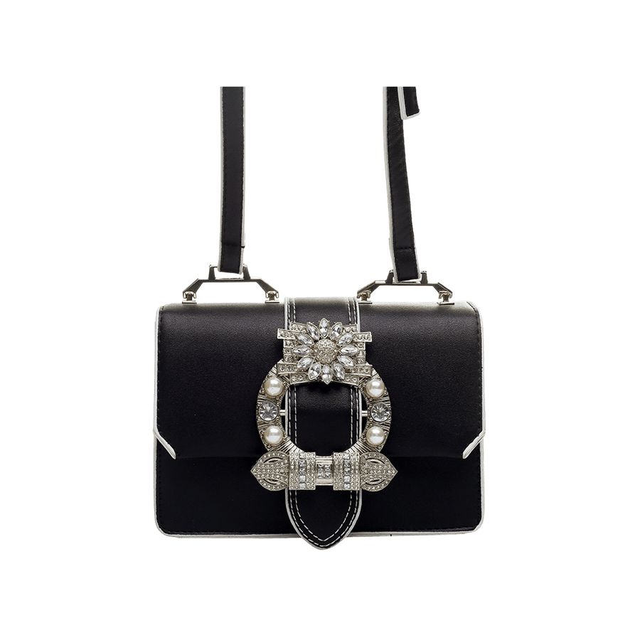 Black ladies crossbody bag with big rhinestone buckle and contrast edge painting