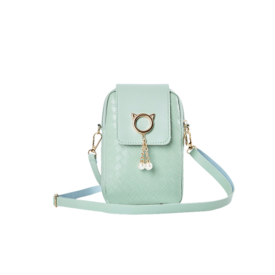 Green weave PU phone bag with decorative hardware on the flap and magnetic snap closure