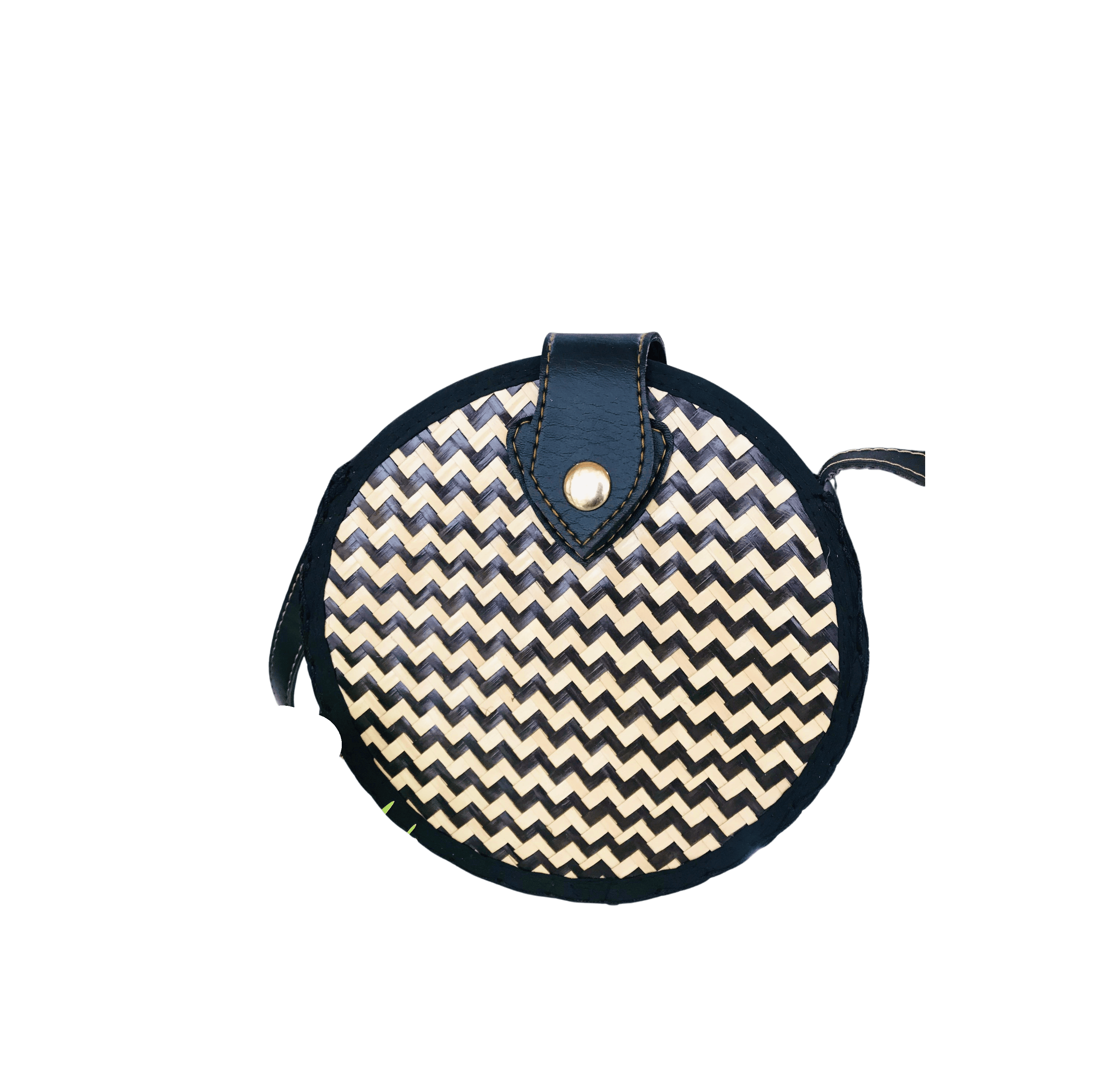 Round bamboo ladies handbag with magnetic snap closure and contrast stitching