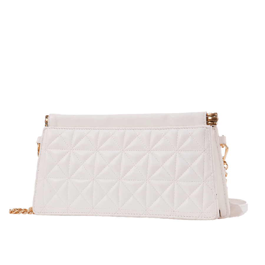 Beige quilting ladies crossbody bag with metal bar on the top