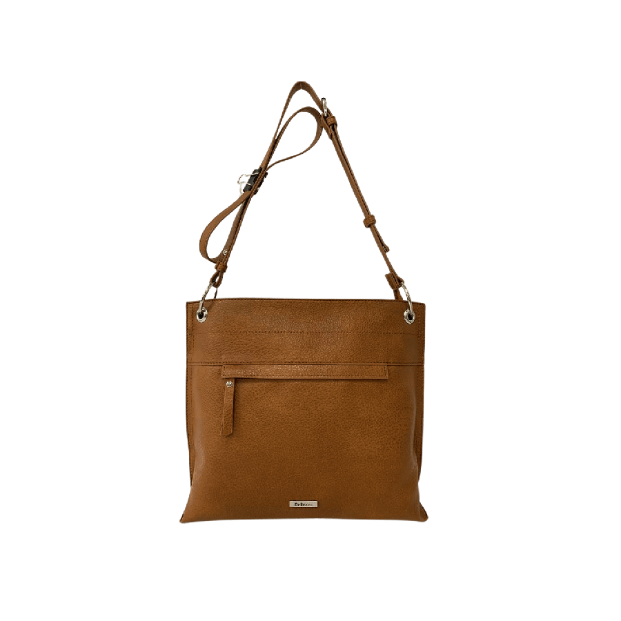 Ladies crossbody bag with front zip pocket and metal plate