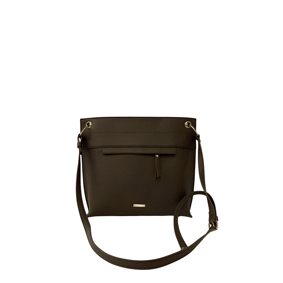 Ladies crossbody bag with front zip pocket and metal plate
