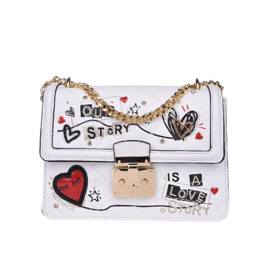 White crossbody bag with decorative patches and lock closure