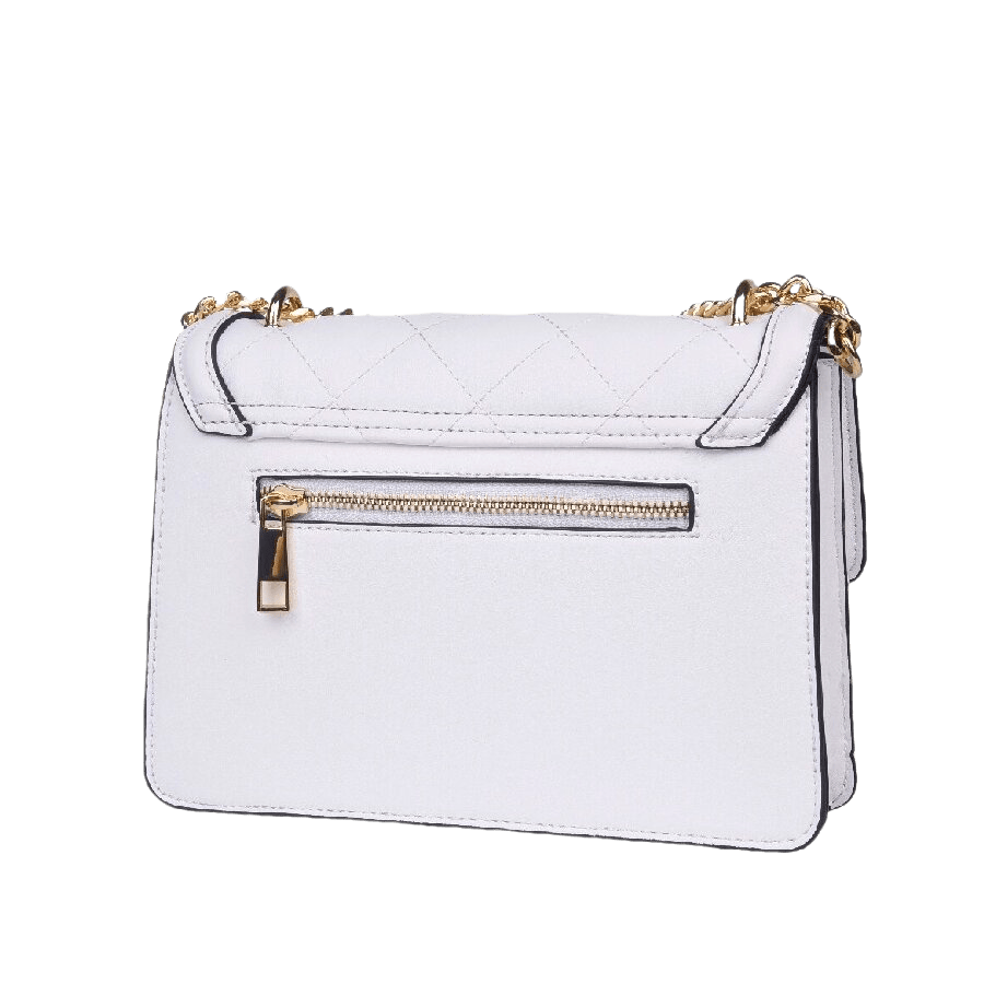 White crossbody bag with decorative patches and lock closure
