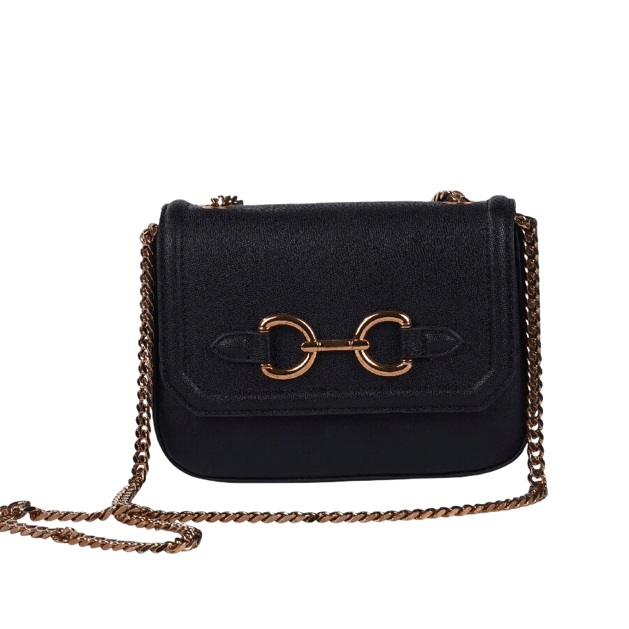 Black ladies crossbody bag with decorative hardware and chain shoulder strap