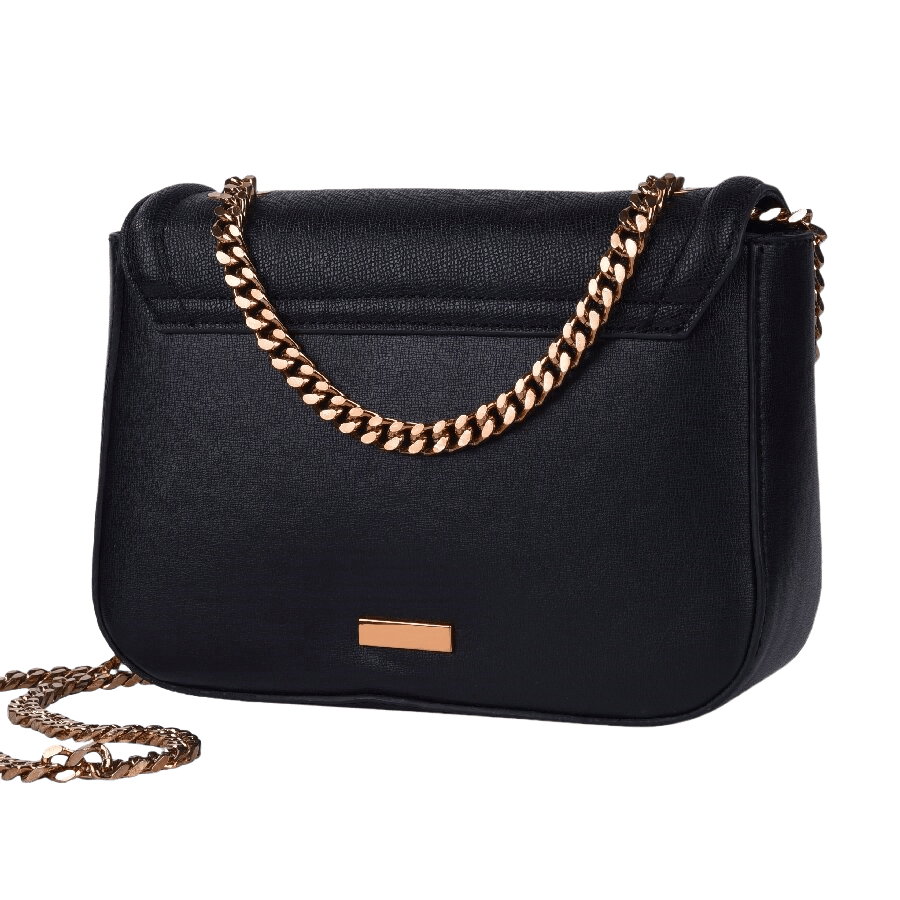 Black ladies crossbody bag with decorative hardware and chain shoulder strap