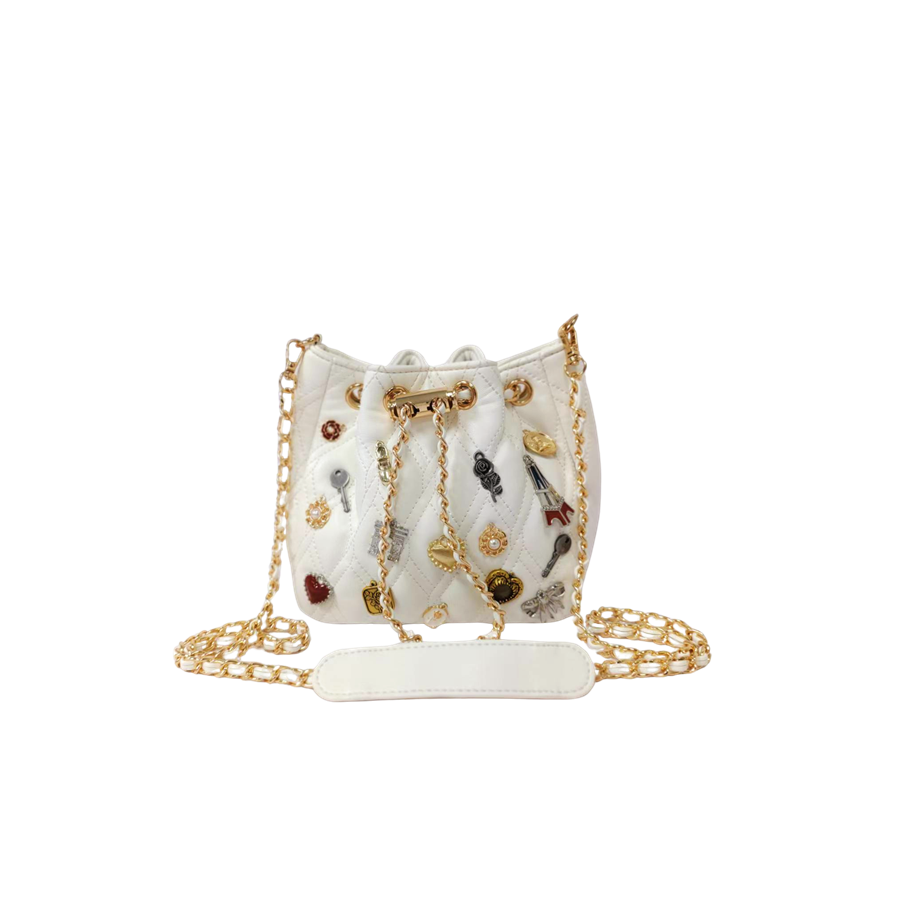 White quilting ladies drawstring bag with decorative accessories and metal stopper