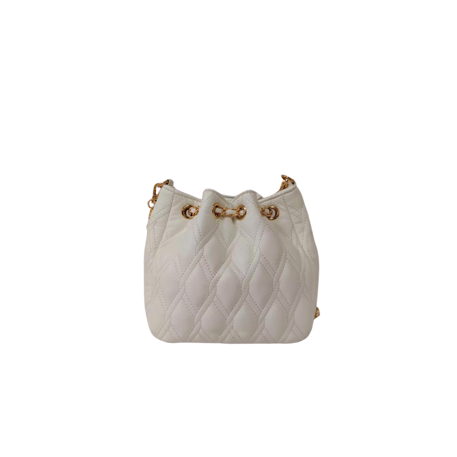 White quilting ladies drawstring bag with decorative accessories and metal stopper