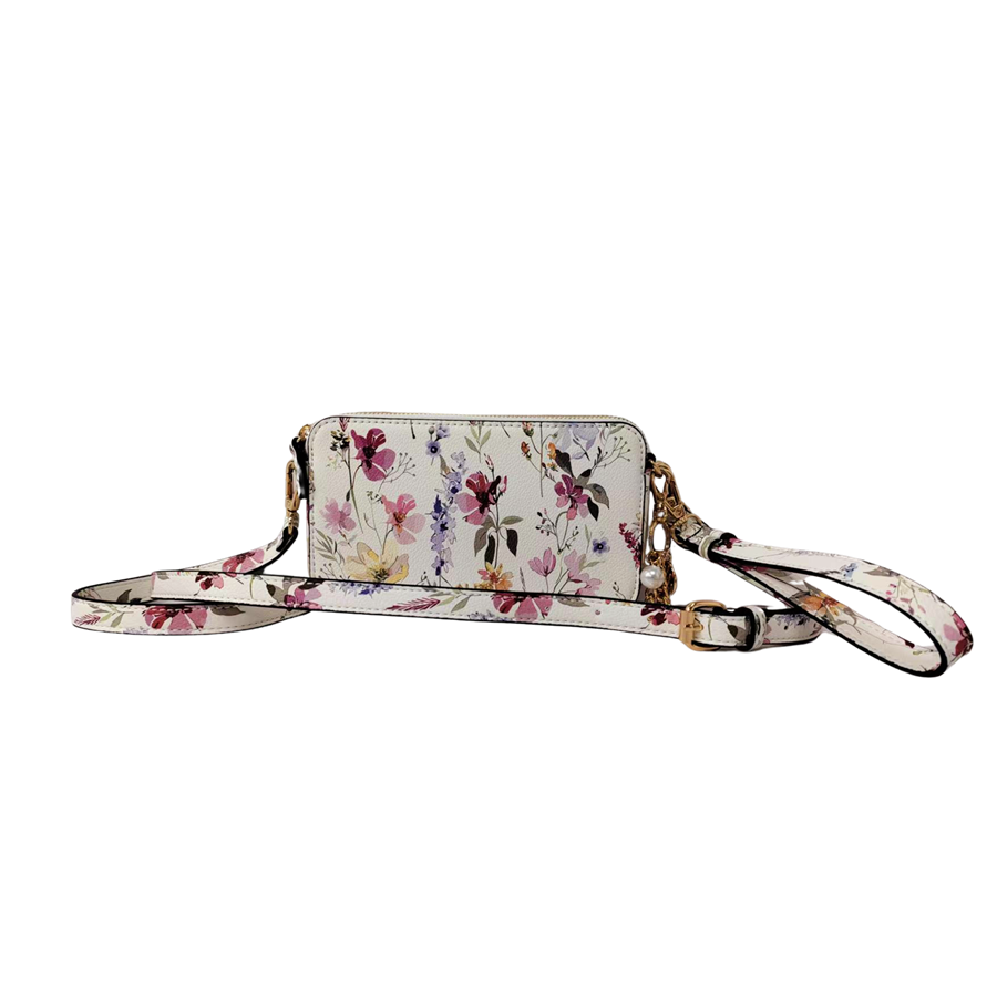 Floral ladies crossbody bag with contrast edge painting and detachable metal hangtag