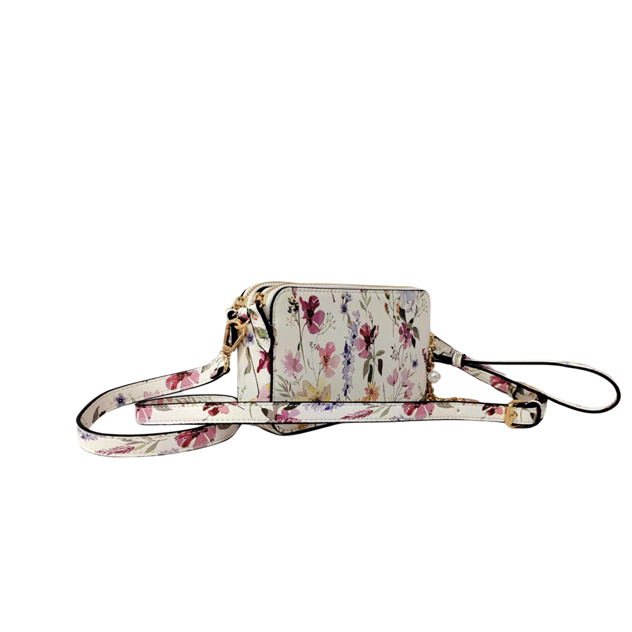 Floral ladies crossbody bag with contrast edge painting and detachable metal hangtag