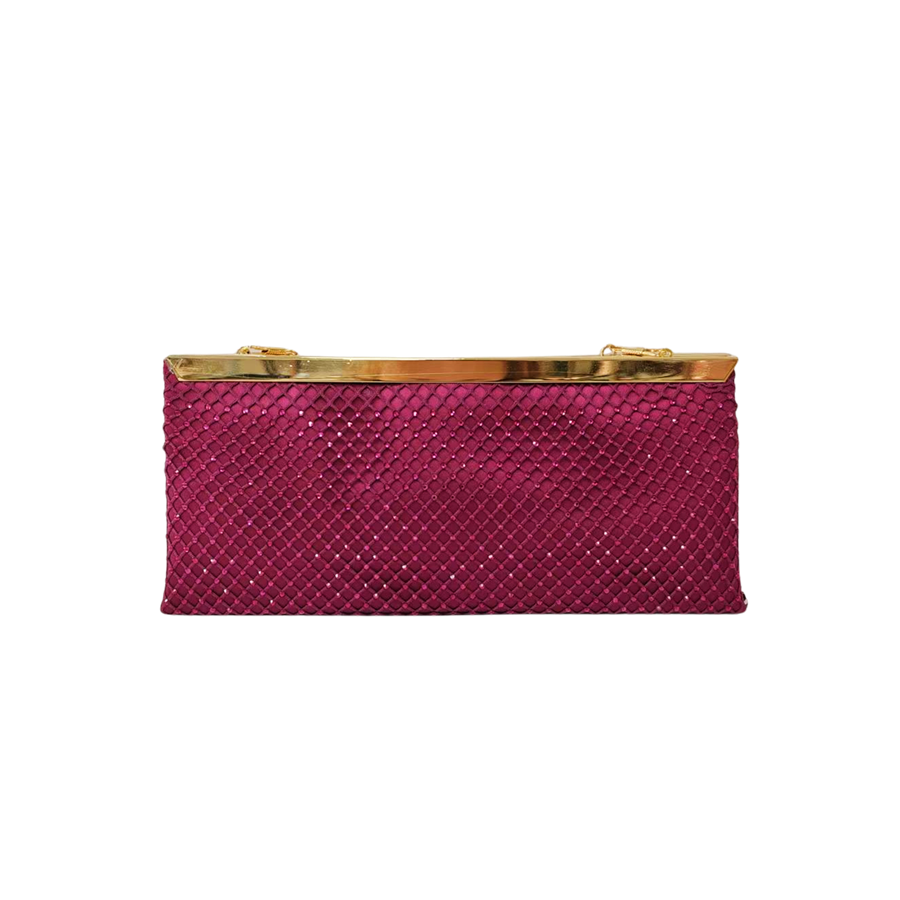 Burgundy ladies clutch bag with matching mesh on the surface and metal frame closure