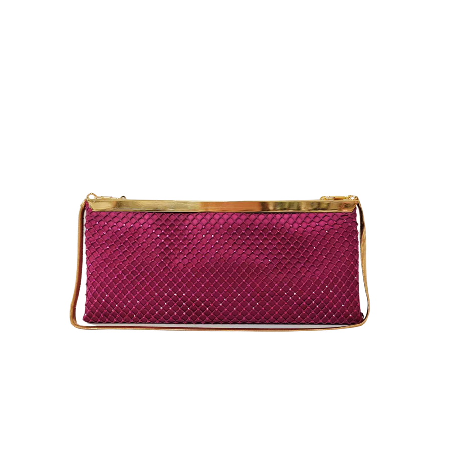 Burgundy ladies clutch bag with matching mesh on the surface and metal frame closure