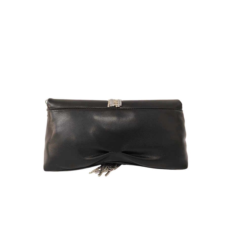Black ladies crossbody bag with metal tassels and metal bridge on the flap