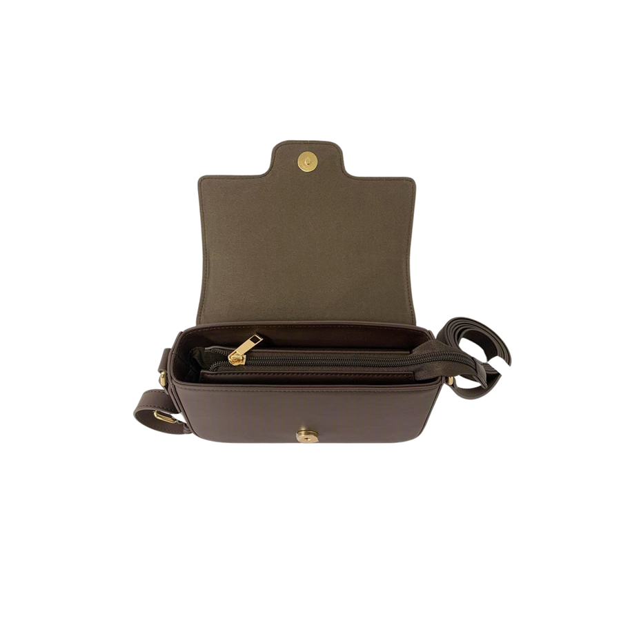 Brown ladies crossbody bag with decorative square plate and magnetic snap closure