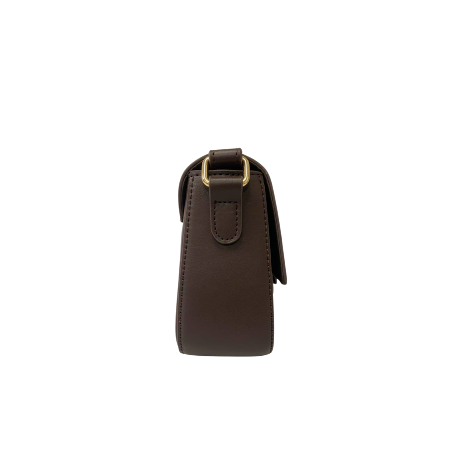 Brown ladies crossbody bag with decorative square plate and magnetic snap closure