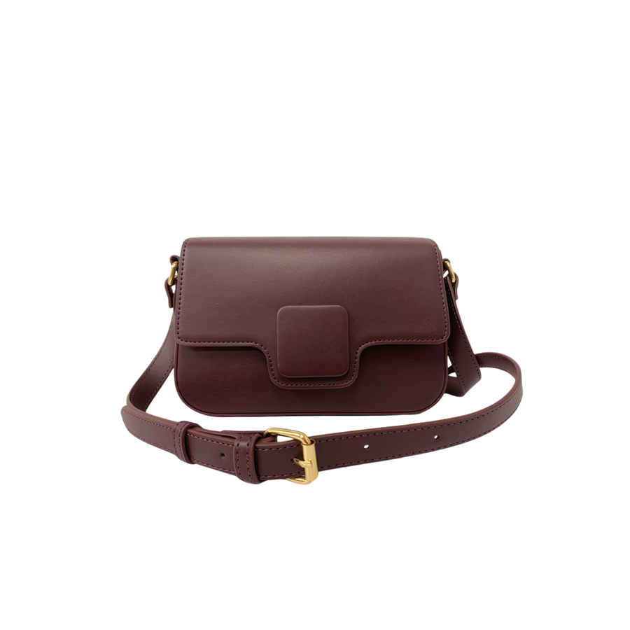 Brown ladies crossbody bag with decorative square plate and magnetic snap closure