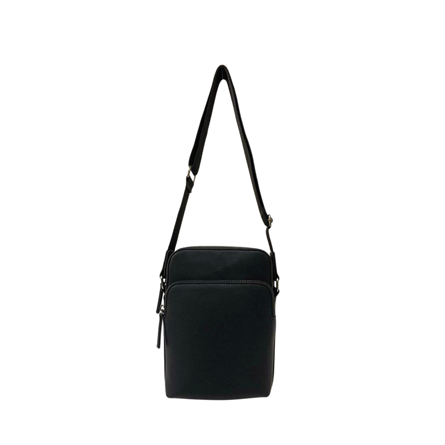 Black men's crossbody bag with front zip pocket and top zip closure