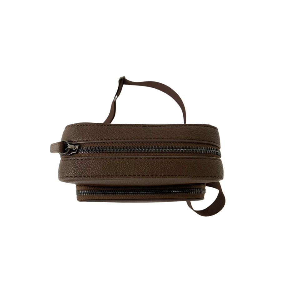 Black men's crossbody bag with front zip pocket and top zip closure