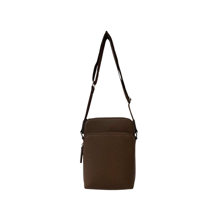Black men's crossbody bag with front zip pocket and top zip closure