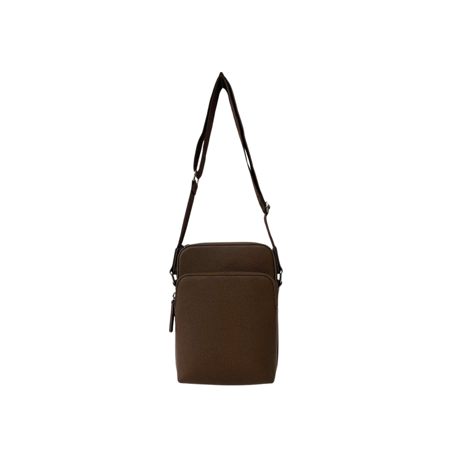 Black men's crossbody bag with front zip pocket and top zip closure