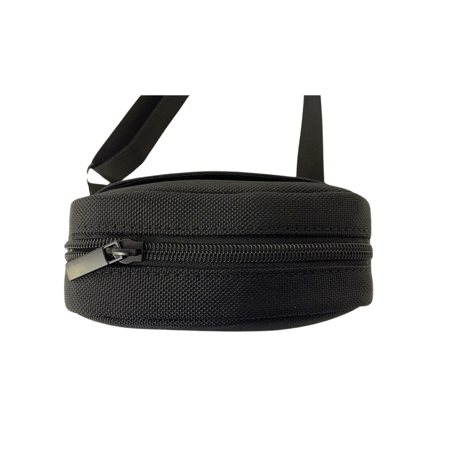 Black men's crossbody bag with front zip pocket and back open pocket